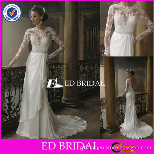 XL026 Latest Design Long Sleeves Deep V Back Flowing Chiffon Lace Wedding Dress 2013